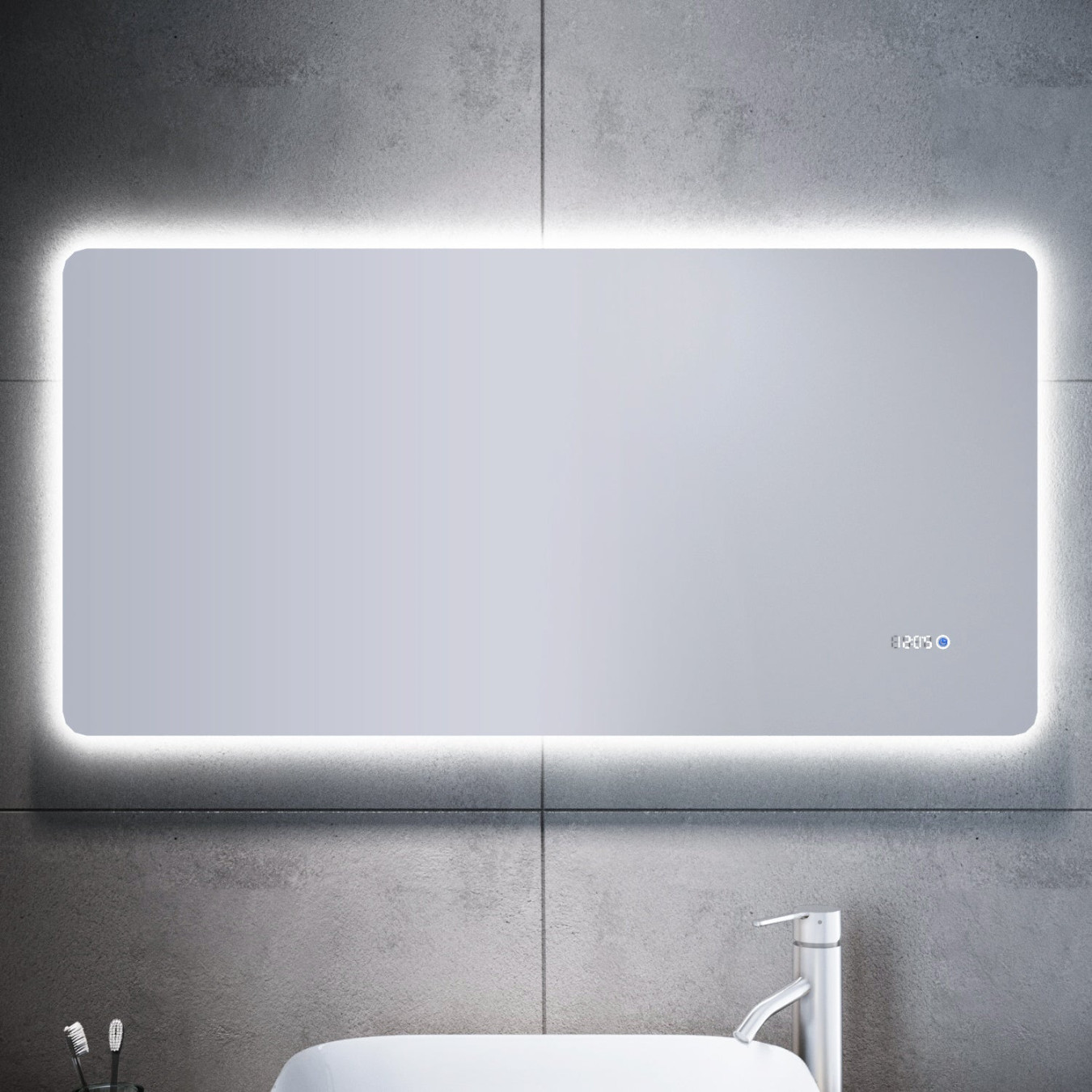 SONNI Badspiegel mit Beleuchtung und Uhr Temperaturanzeige, LED Badspiegel  mit Touchschalter × cm
